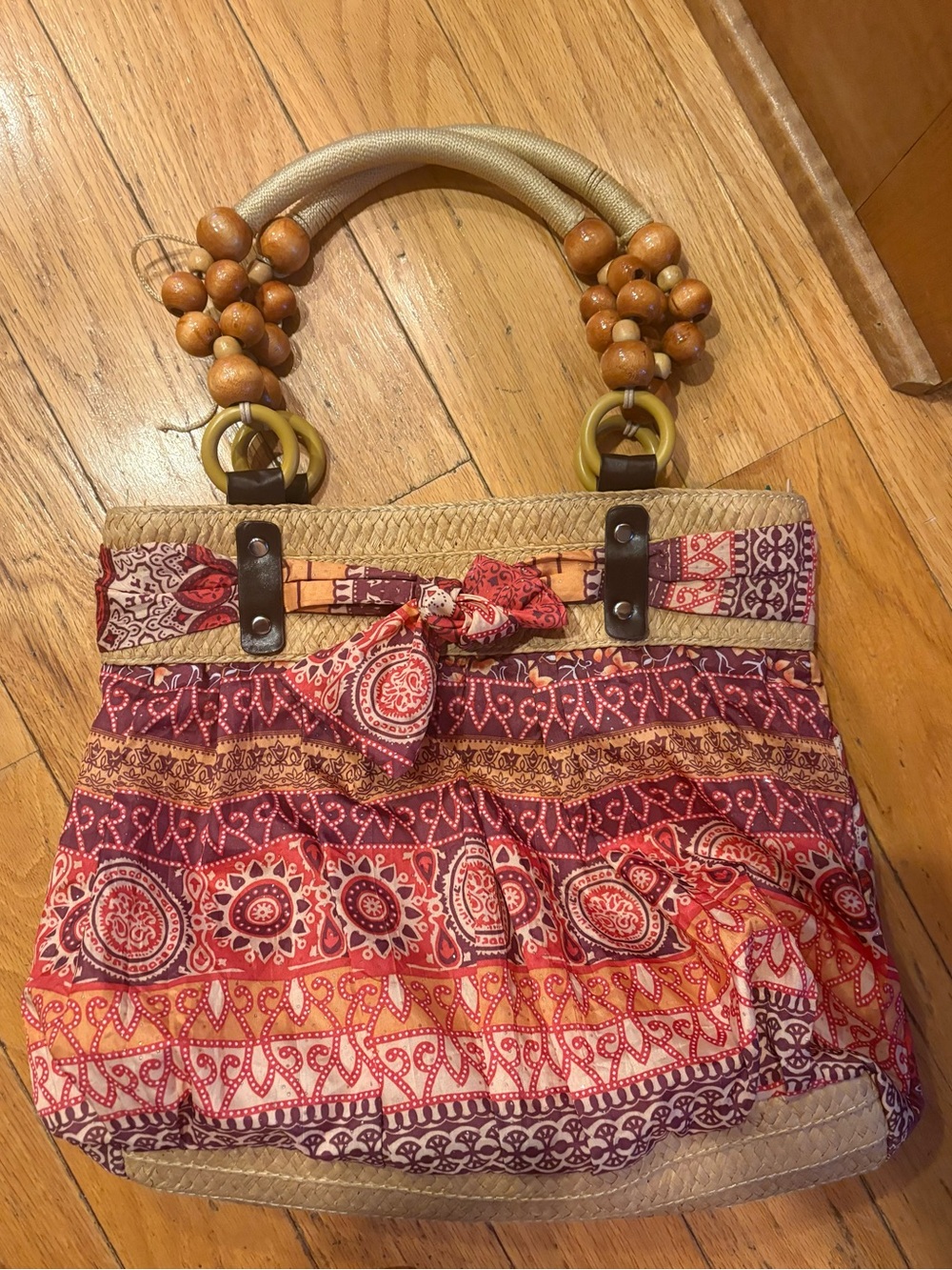 Boho Printed Red & Orange Woven Handle Tote